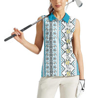 Hawaii Makahiki Turtle Women Sleeveless Polo Shirt Blue Tapa Pattern - Polynesian Pride