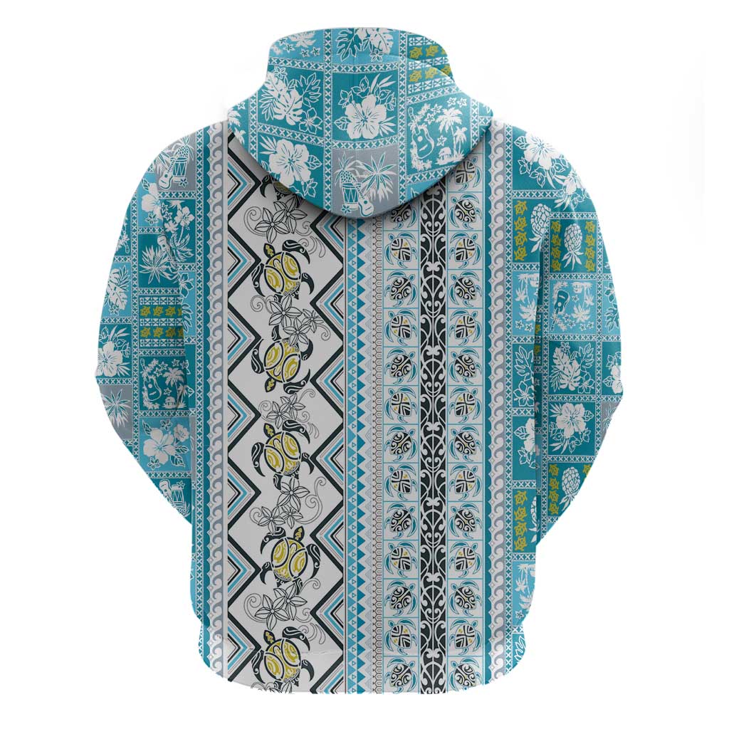 Hawaii Makahiki Turtle Zip Hoodie Blue Tapa Pattern - Polynesian Pride