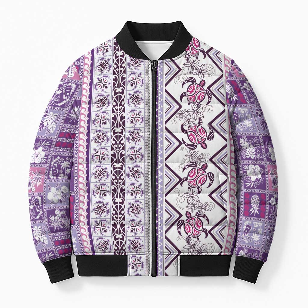 Hawaii Makahiki Turtle Bomber Puffer Jacket Violet Tapa Pattern LT05 Unisex Violet - Polynesian Pride