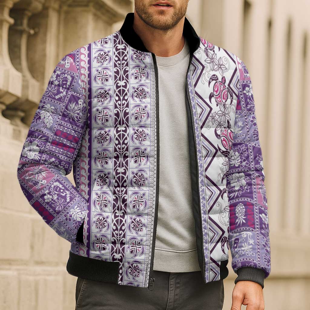 Hawaii Makahiki Turtle Bomber Puffer Jacket Violet Tapa Pattern LT05 - Polynesian Pride