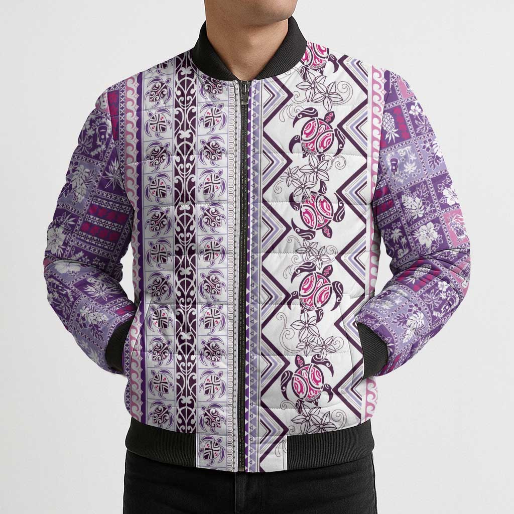 Hawaii Makahiki Turtle Bomber Puffer Jacket Violet Tapa Pattern LT05 - Polynesian Pride