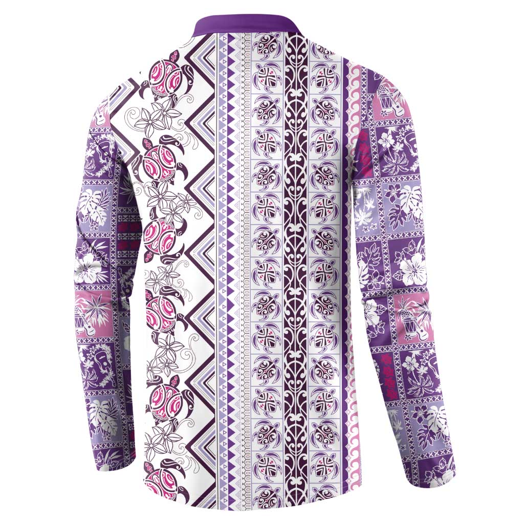 Hawaii Makahiki Turtle Button Sweatshirt Violet Tapa Pattern - Polynesian Pride