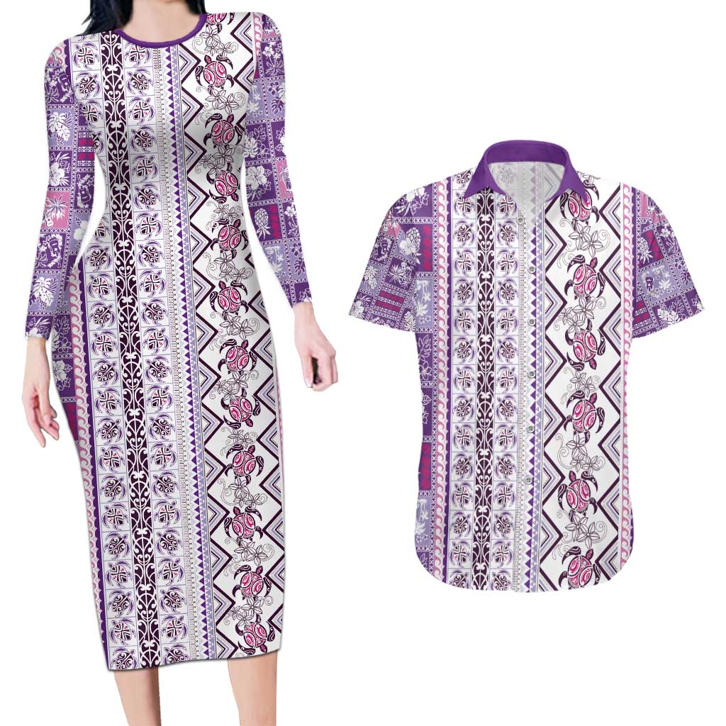 Hawaii Makahiki Turtle Couples Matching Long Sleeve Bodycon Dress and Hawaiian Shirt Violet Tapa Pattern - Polynesian Pride