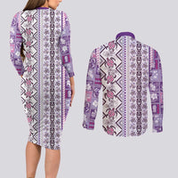 Hawaii Makahiki Turtle Couples Matching Long Sleeve Bodycon Dress and Long Sleeve Button Shirt Violet Tapa Pattern - Polynesian Pride