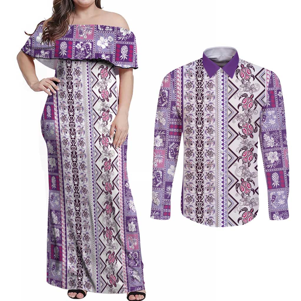 Hawaii Makahiki Turtle Couples Matching Off Shoulder Maxi Dress and Long Sleeve Button Shirt Violet Tapa Pattern - Polynesian Pride