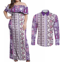 Hawaii Makahiki Turtle Couples Matching Off Shoulder Maxi Dress and Long Sleeve Button Shirt Violet Tapa Pattern - Polynesian Pride