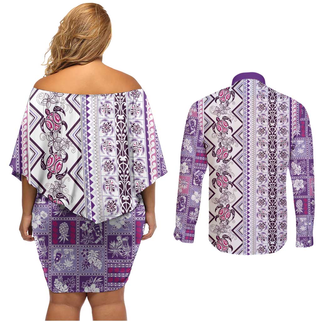 Hawaii Makahiki Turtle Couples Matching Off Shoulder Short Dress and Long Sleeve Button Shirt Violet Tapa Pattern - Polynesian Pride