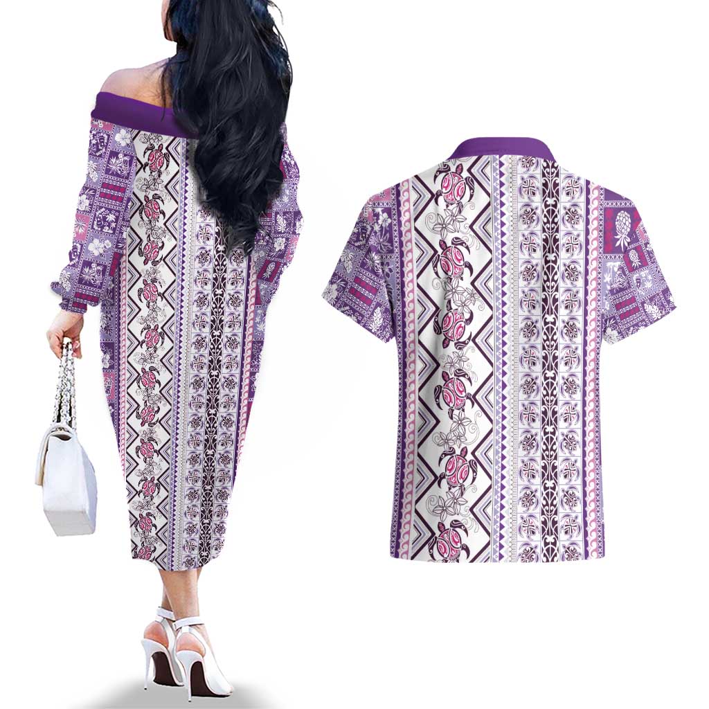 Hawaii Makahiki Turtle Couples Matching Off The Shoulder Long Sleeve Dress and Hawaiian Shirt Violet Tapa Pattern - Polynesian Pride