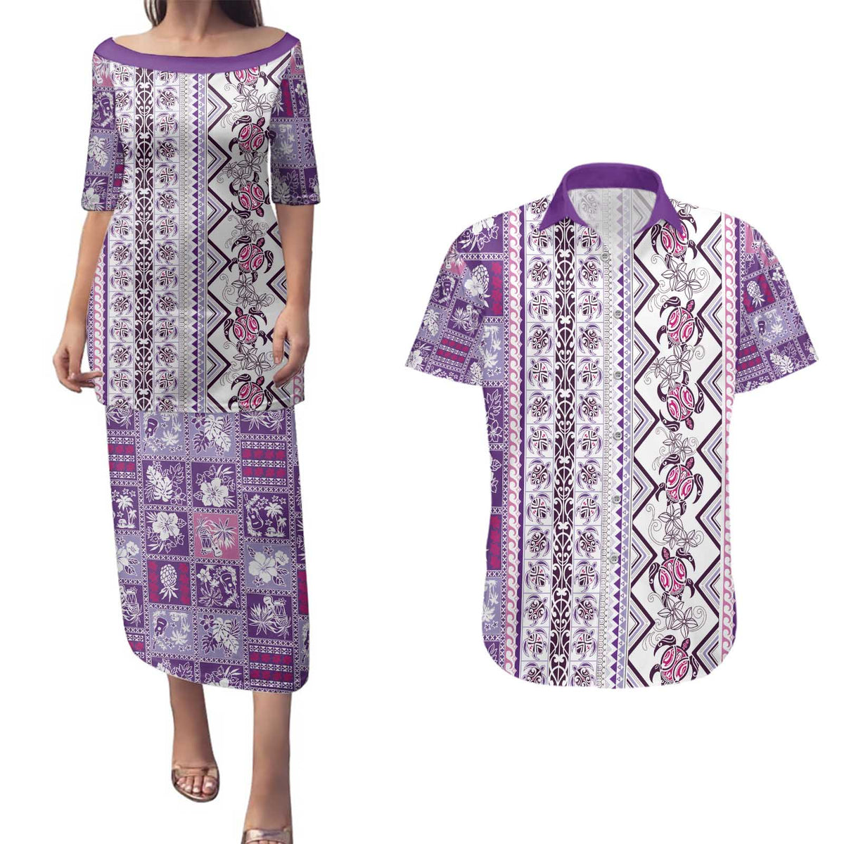 Hawaii Makahiki Turtle Couples Matching Puletasi and Hawaiian Shirt Violet Tapa Pattern LT05 Violet - Polynesian Pride