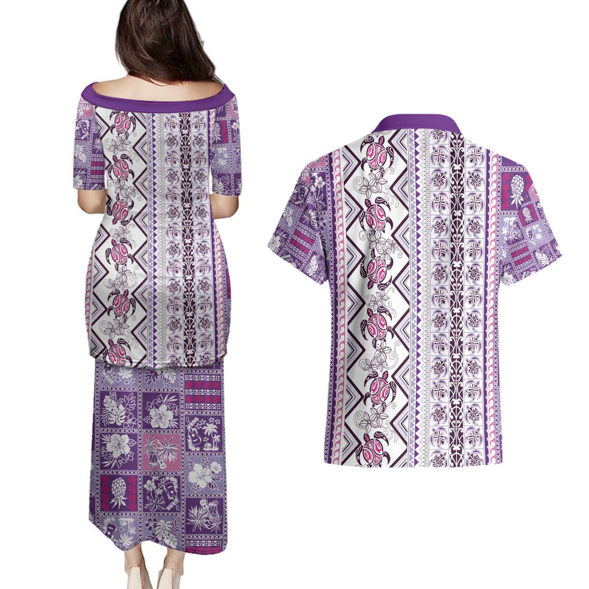 Hawaii Makahiki Turtle Couples Matching Puletasi and Hawaiian Shirt Violet Tapa Pattern LT05 - Polynesian Pride