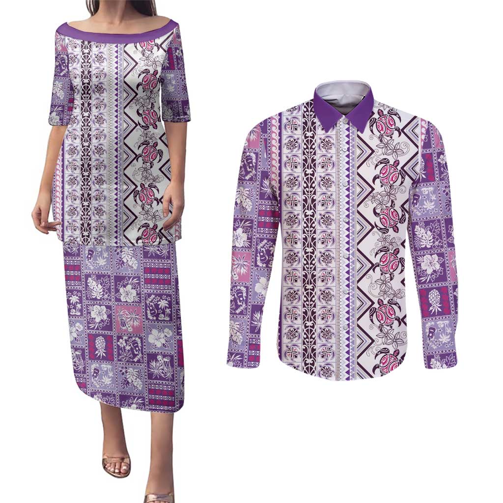 Hawaii Makahiki Turtle Couples Matching Puletasi and Long Sleeve Button Shirt Violet Tapa Pattern - Polynesian Pride