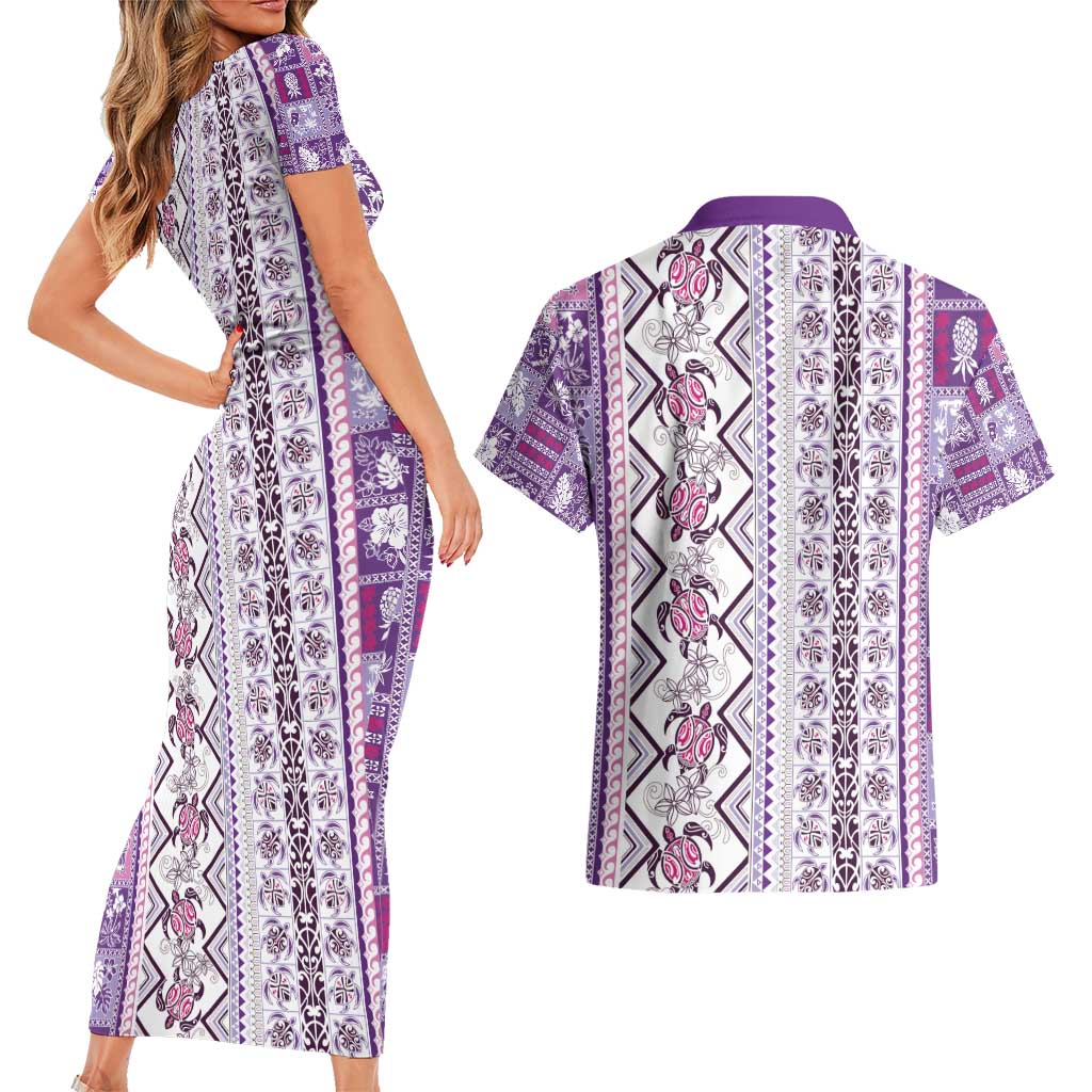 Hawaii Makahiki Turtle Couples Matching Short Sleeve Bodycon Dress and Hawaiian Shirt Violet Tapa Pattern - Polynesian Pride