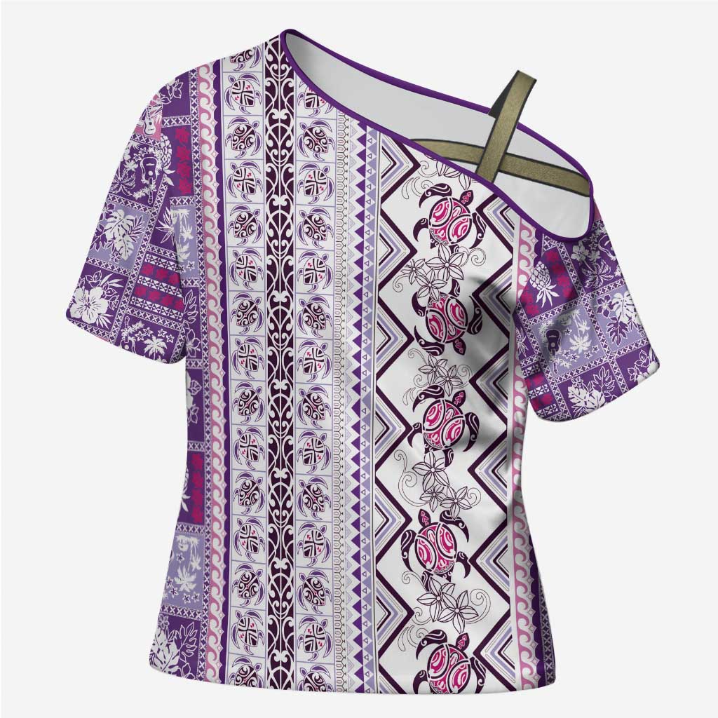 Hawaii Makahiki Turtle Cross Shoulder Shirt Violet Tapa Pattern LT05 Female Violet - Polynesian Pride