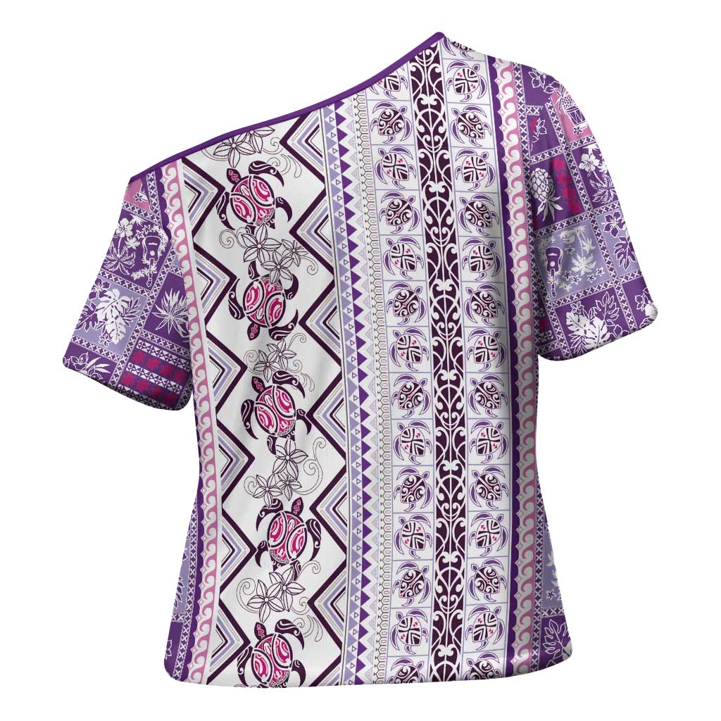 Hawaii Makahiki Turtle Cross Shoulder Shirt Violet Tapa Pattern LT05 - Polynesian Pride
