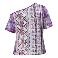 Hawaii Makahiki Turtle Cross Shoulder Shirt Violet Tapa Pattern LT05 - Polynesian Pride