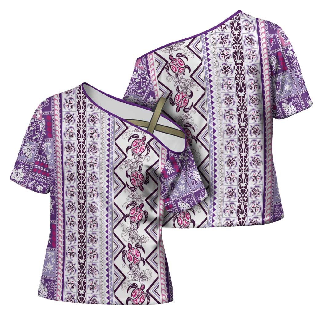 Hawaii Makahiki Turtle Cross Shoulder Shirt Violet Tapa Pattern LT05 - Polynesian Pride