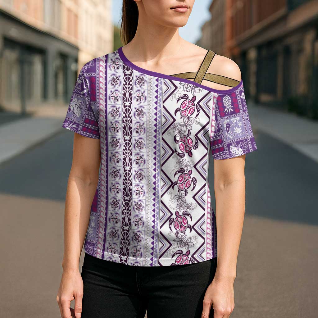 Hawaii Makahiki Turtle Cross Shoulder Shirt Violet Tapa Pattern LT05 - Polynesian Pride