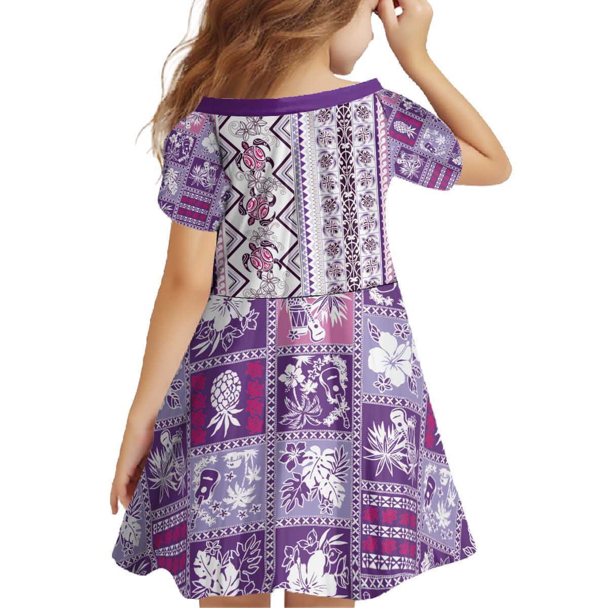 Hawaii Makahiki Turtle Family Matching Off The Shoulder Long Sleeve Dress and Hawaiian Shirt Violet Tapa Pattern - Polynesian Pride
