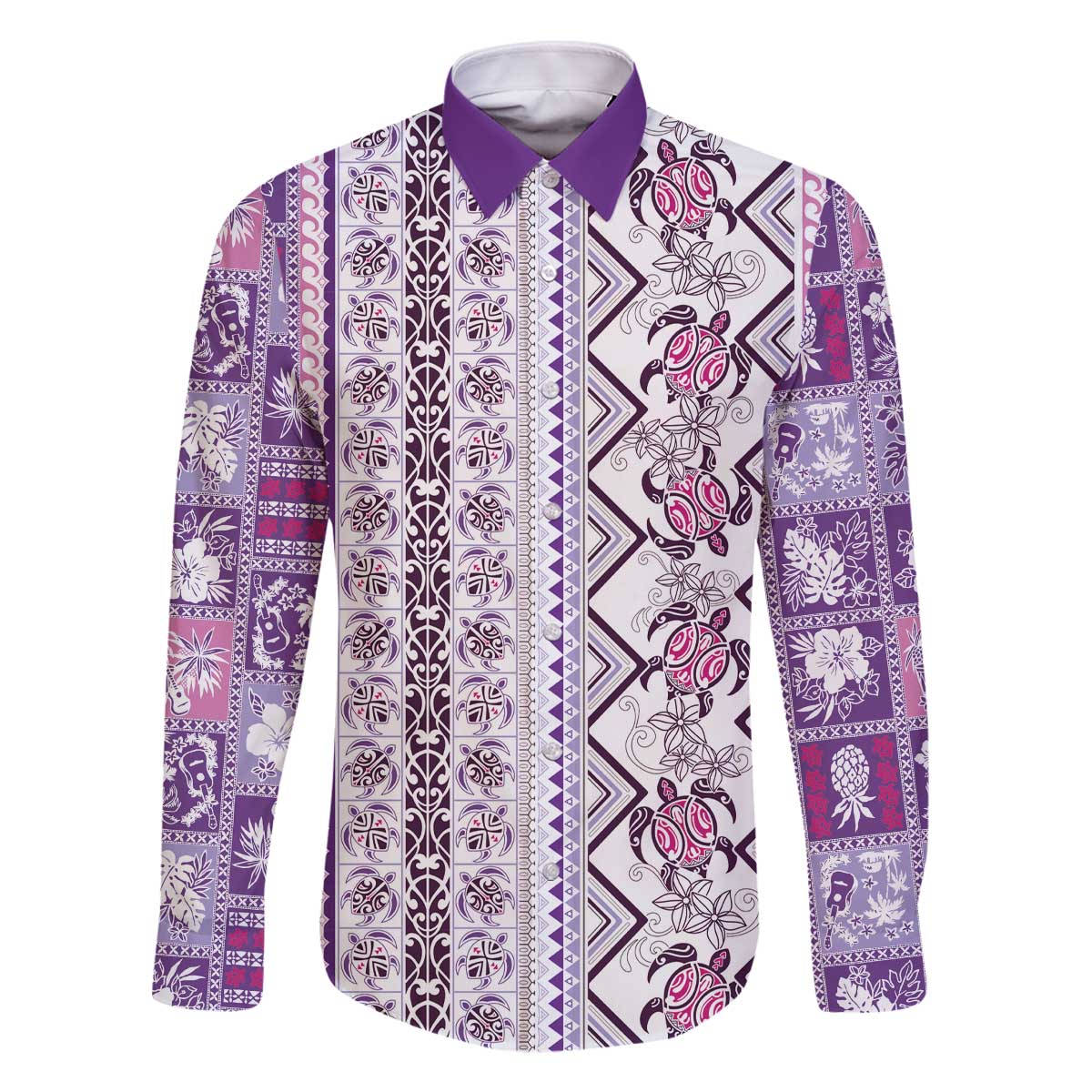Hawaii Makahiki Turtle Family Matching Off The Shoulder Long Sleeve Dress and Hawaiian Shirt Violet Tapa Pattern - Polynesian Pride