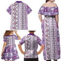 Hawaii Makahiki Turtle Family Matching Off Shoulder Maxi Dress and Hawaiian Shirt Violet Tapa Pattern - Polynesian Pride