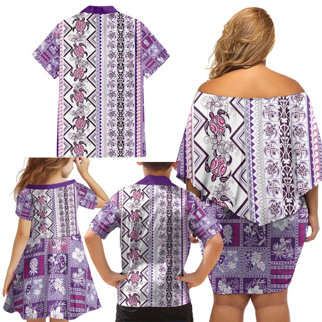 Hawaii Makahiki Turtle Family Matching Off Shoulder Short Dress and Hawaiian Shirt Violet Tapa Pattern - Polynesian Pride