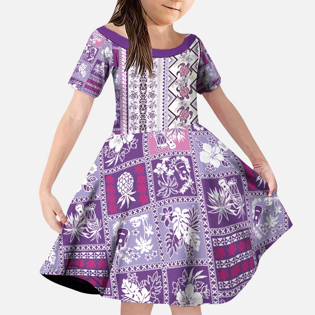 Hawaii Makahiki Turtle Family Matching Puletasi and Hawaiian Shirt Violet Tapa Pattern LT05 Daughter's Dress Violet - Polynesian Pride
