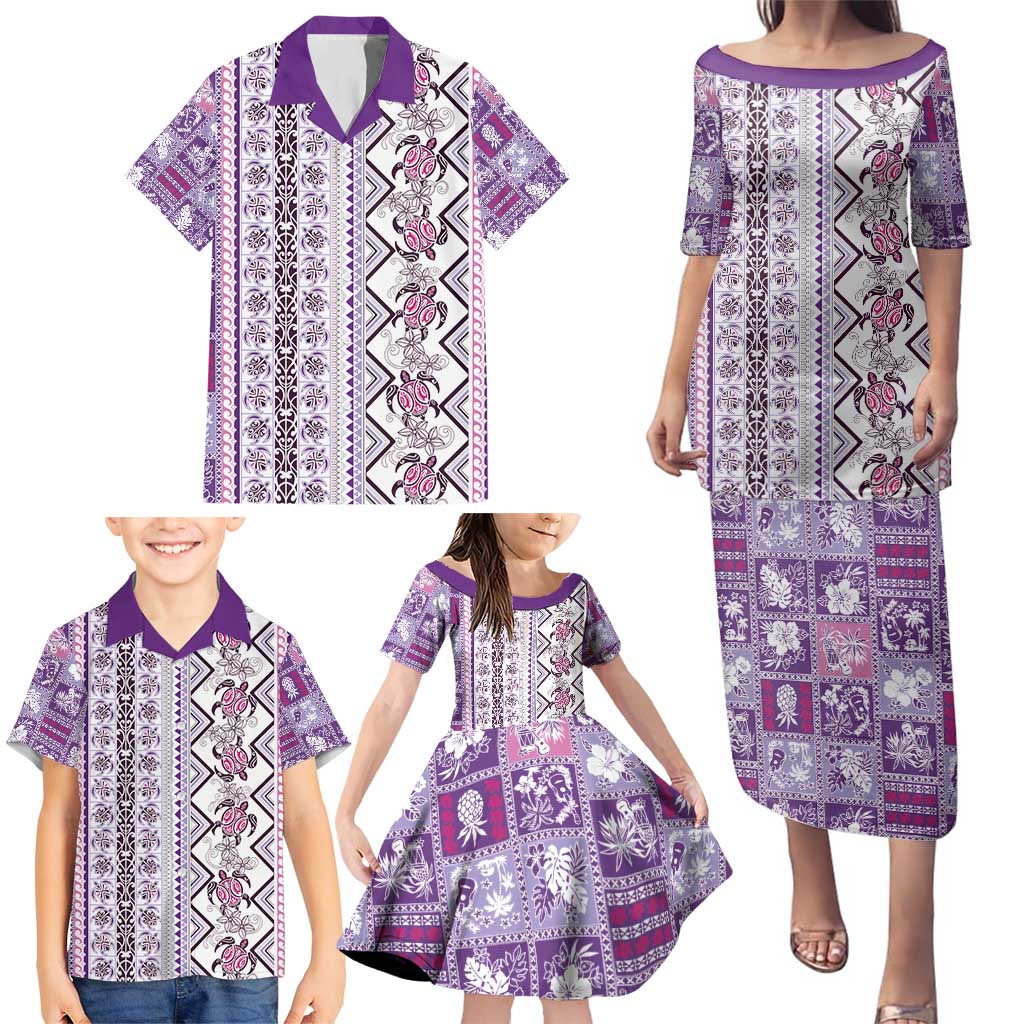 Hawaii Makahiki Turtle Family Matching Puletasi and Hawaiian Shirt Violet Tapa Pattern LT05 - Polynesian Pride
