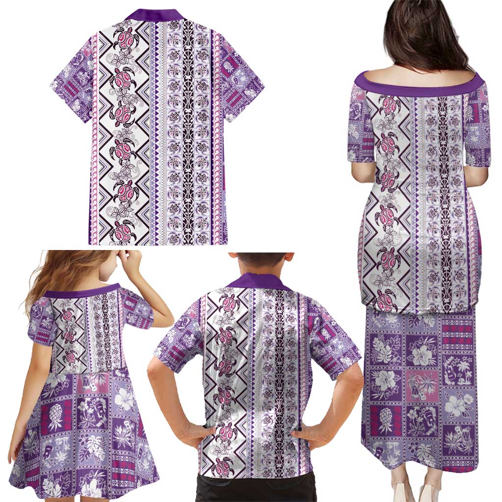 Hawaii Makahiki Turtle Family Matching Puletasi and Hawaiian Shirt Violet Tapa Pattern LT05 - Polynesian Pride