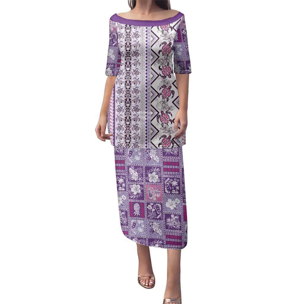 Hawaii Makahiki Turtle Family Matching Puletasi and Hawaiian Shirt Violet Tapa Pattern LT05 Mom's Dress Violet - Polynesian Pride