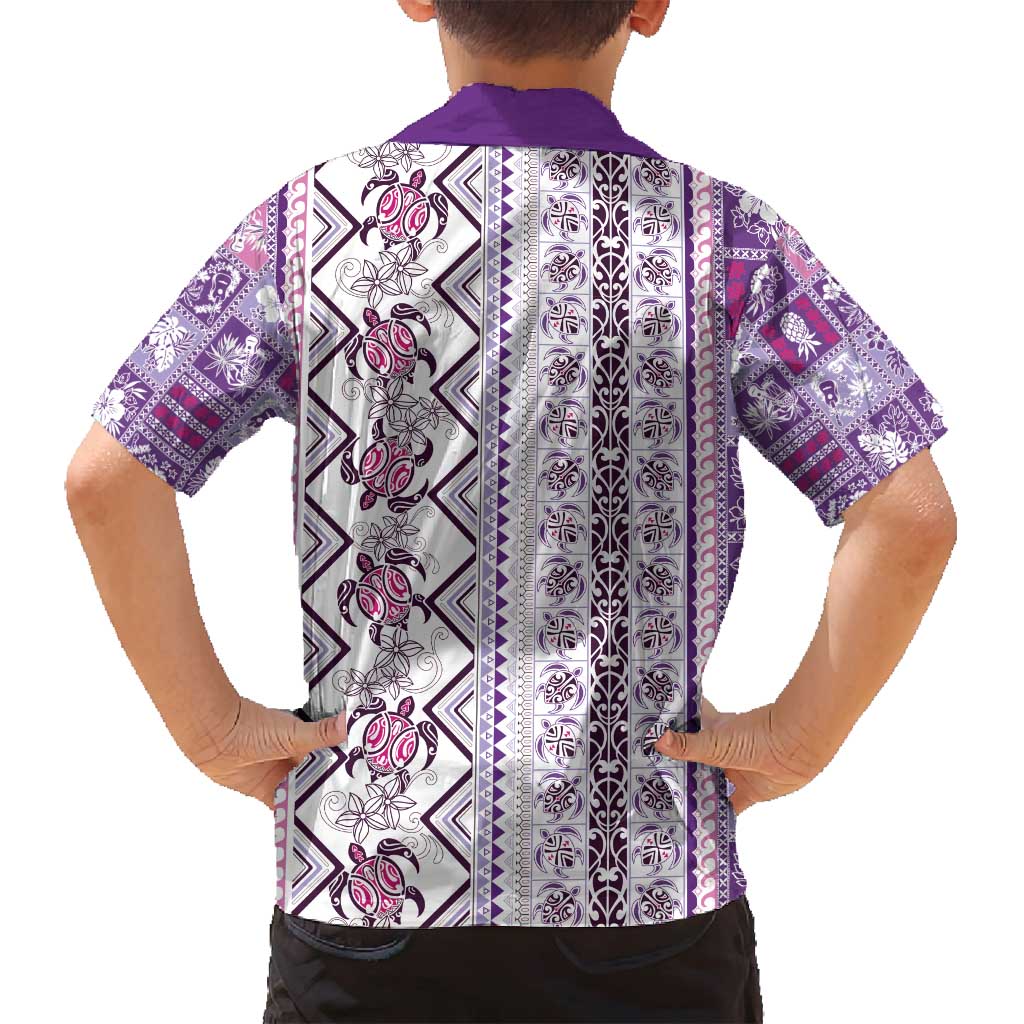 Hawaii Makahiki Turtle Family Matching Summer Maxi Dress and Hawaiian Shirt Violet Tapa Pattern - Polynesian Pride