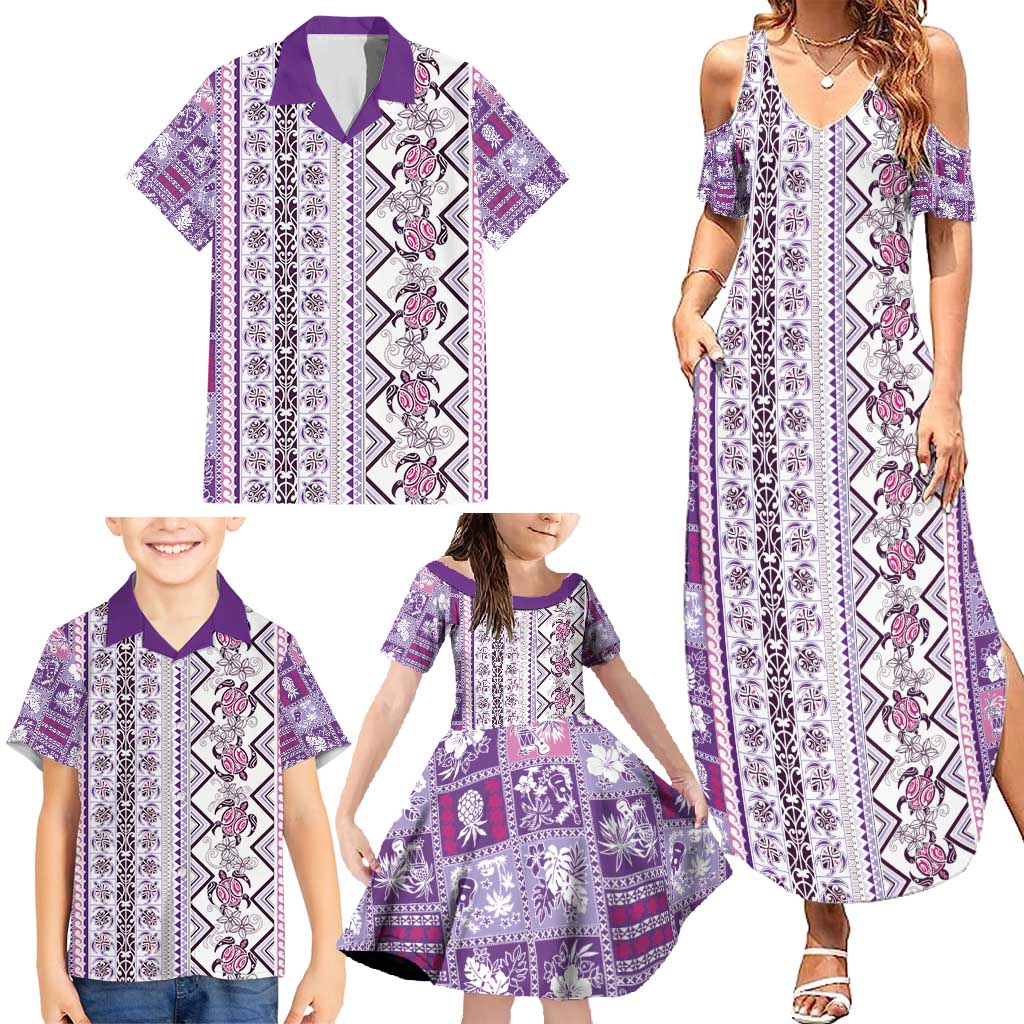 Hawaii Makahiki Turtle Family Matching Summer Maxi Dress and Hawaiian Shirt Violet Tapa Pattern - Polynesian Pride