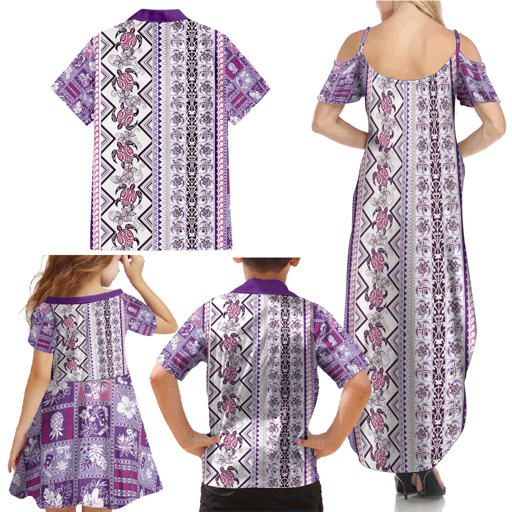 Hawaii Makahiki Turtle Family Matching Summer Maxi Dress and Hawaiian Shirt Violet Tapa Pattern - Polynesian Pride