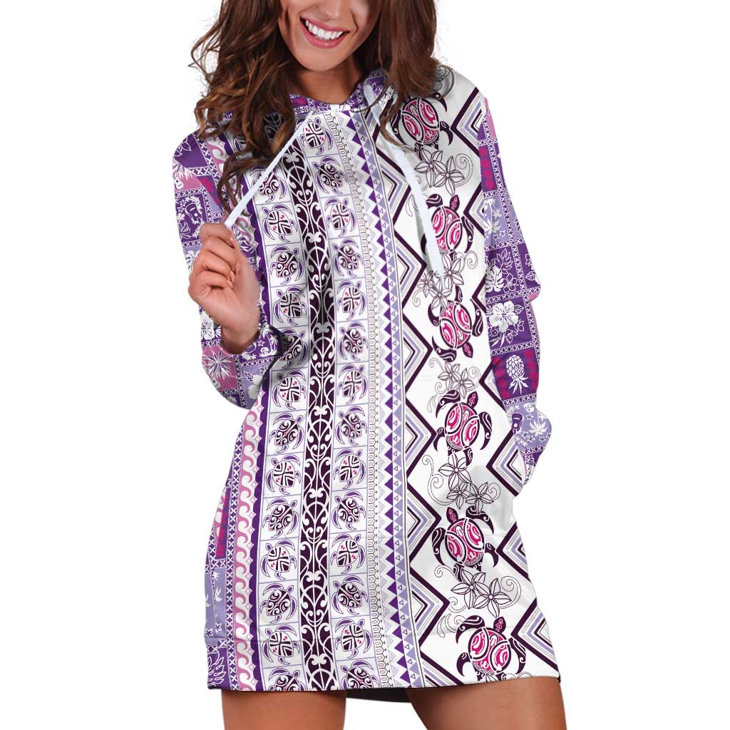 Hawaii Makahiki Turtle Hoodie Dress Violet Tapa Pattern - Polynesian Pride