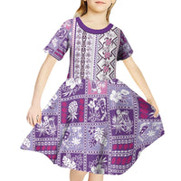 Hawaii Makahiki Turtle Kid Short Sleeve Dress Violet Tapa Pattern - Polynesian Pride
