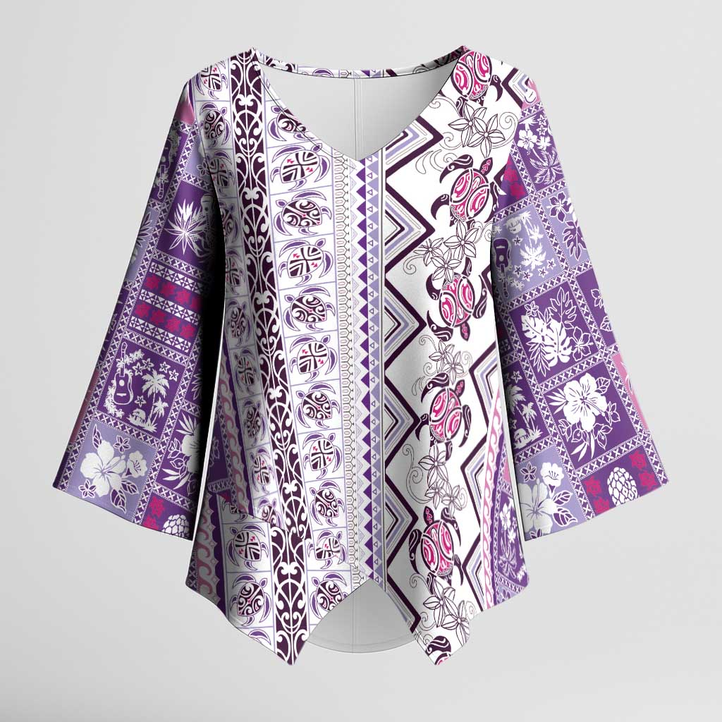 Hawaii Makahiki Turtle Kimono Sleeve Blouse Violet Tapa Pattern LT05 Female Violet - Polynesian Pride