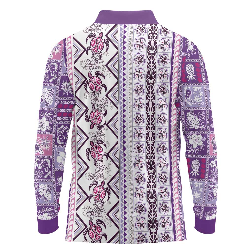 Hawaii Makahiki Turtle Long Sleeve Polo Shirt Violet Tapa Pattern - Polynesian Pride