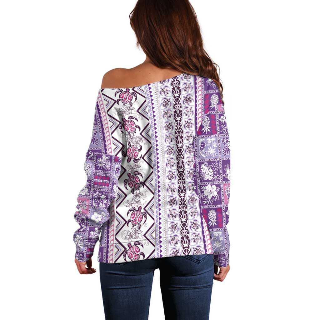 Hawaii Makahiki Turtle Off Shoulder Sweater Violet Tapa Pattern - Polynesian Pride