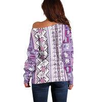 Hawaii Makahiki Turtle Off Shoulder Sweater Violet Tapa Pattern - Polynesian Pride