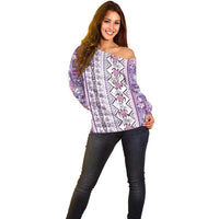 Hawaii Makahiki Turtle Off Shoulder Sweater Violet Tapa Pattern - Polynesian Pride
