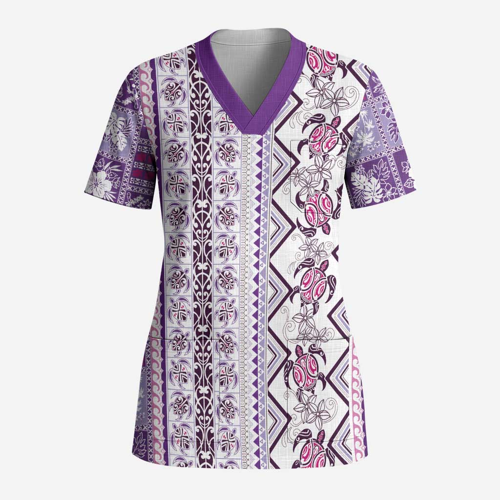 Hawaii Makahiki Turtle Scrub Top Violet Tapa Pattern - Polynesian Pride