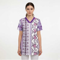Hawaii Makahiki Turtle Scrub Top Violet Tapa Pattern - Polynesian Pride