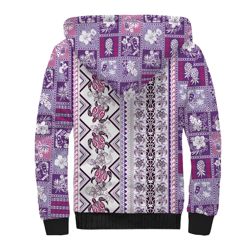 Hawaii Makahiki Turtle Sherpa Hoodie Violet Tapa Pattern - Polynesian Pride