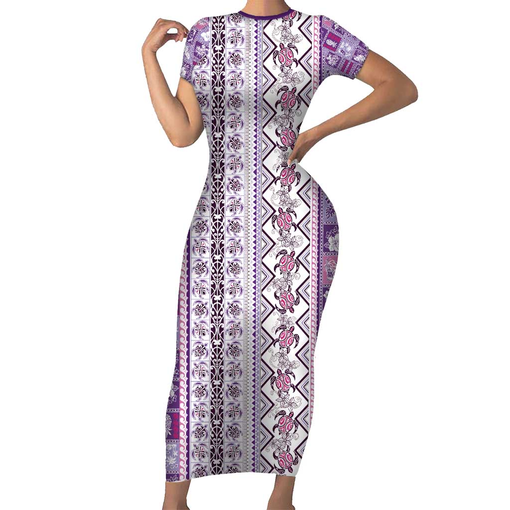 Hawaii Makahiki Turtle Short Sleeve Bodycon Dress Violet Tapa Pattern - Polynesian Pride