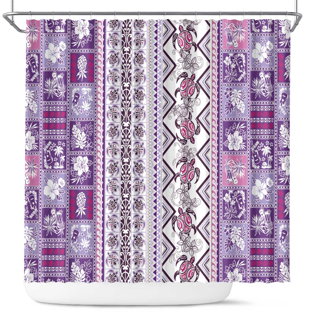 Hawaii Makahiki Turtle Shower Curtain Violet Tapa Pattern - Polynesian Pride