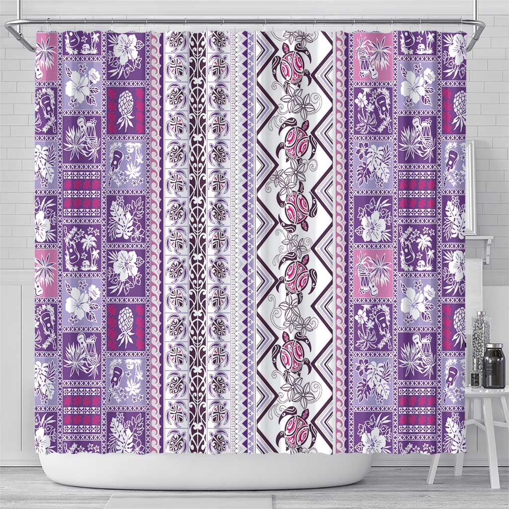 Hawaii Makahiki Turtle Shower Curtain Violet Tapa Pattern - Polynesian Pride