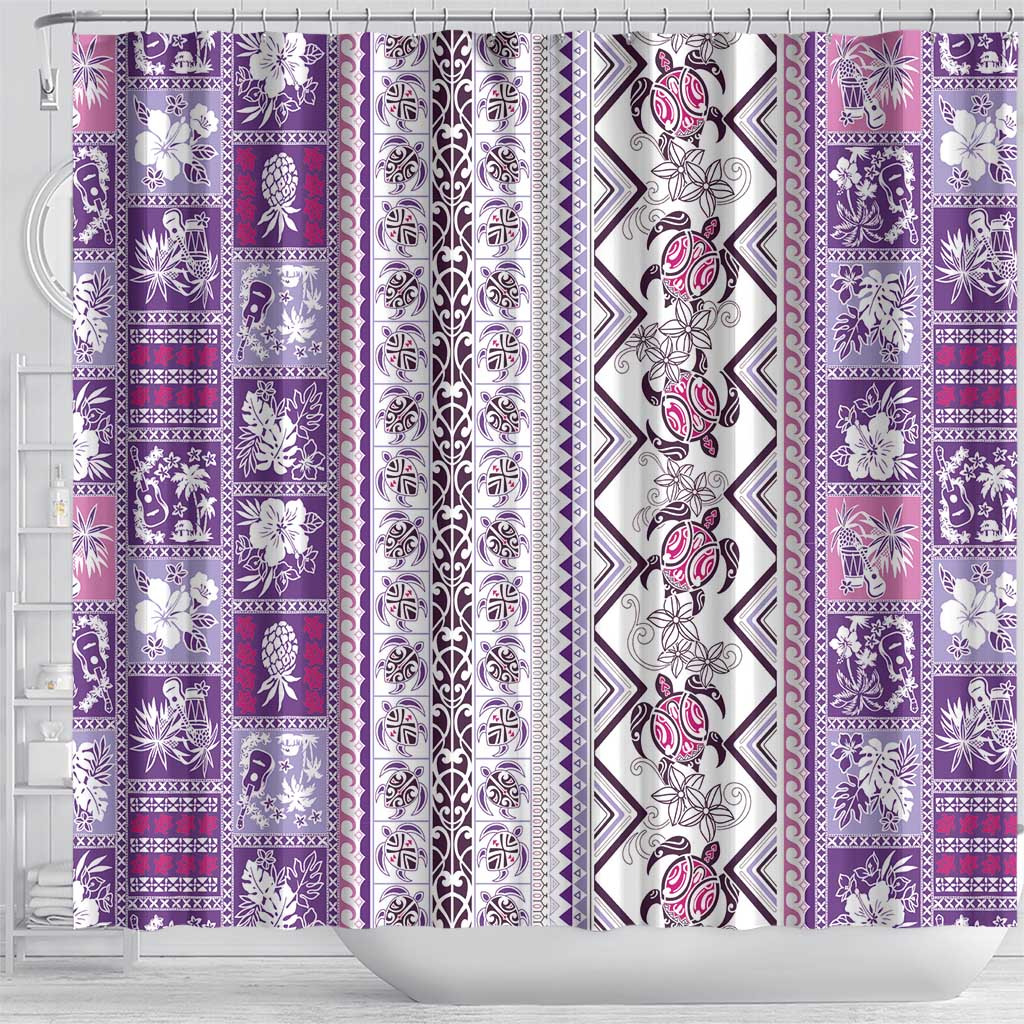 Hawaii Makahiki Turtle Shower Curtain Violet Tapa Pattern - Polynesian Pride