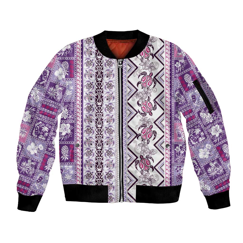 Hawaii Makahiki Turtle Sleeve Zip Bomber Jacket Violet Tapa Pattern - Polynesian Pride