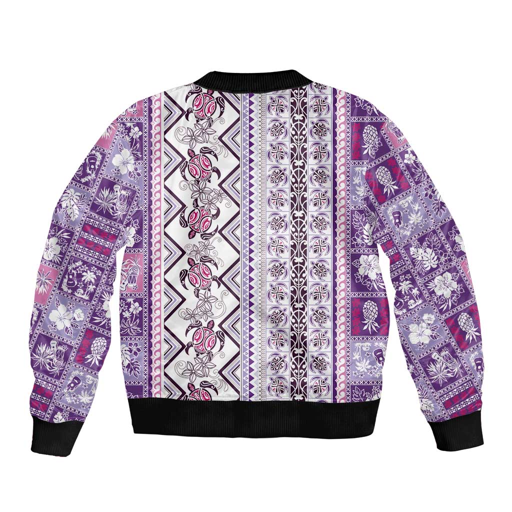 Hawaii Makahiki Turtle Sleeve Zip Bomber Jacket Violet Tapa Pattern - Polynesian Pride