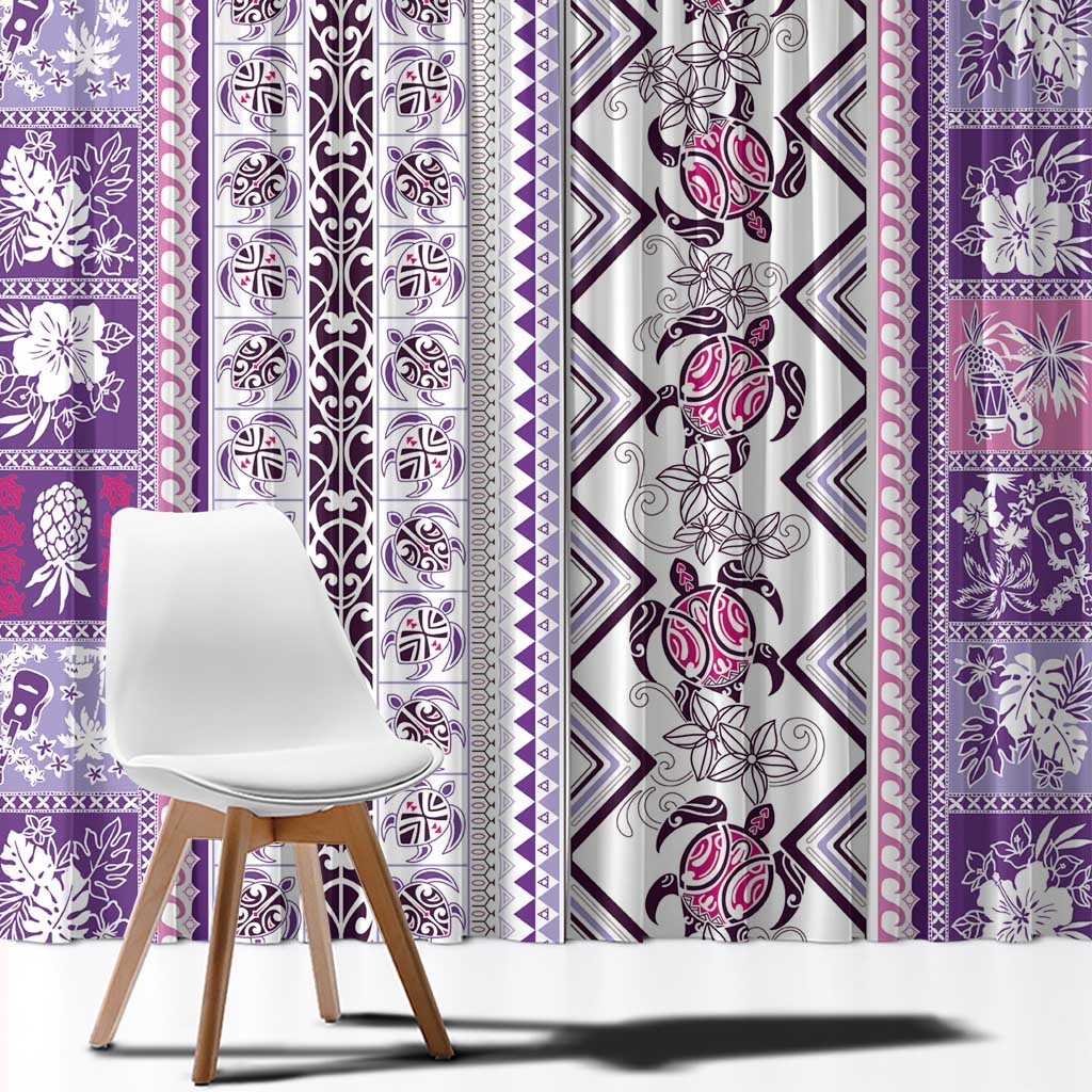 Hawaii Makahiki Turtle Window Curtain Violet Tapa Pattern - Polynesian Pride