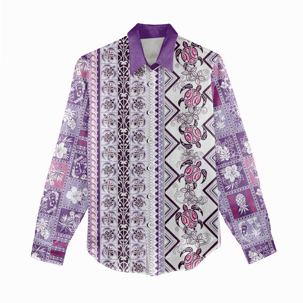 Hawaii Makahiki Turtle Women Casual Shirt Violet Tapa Pattern - Polynesian Pride